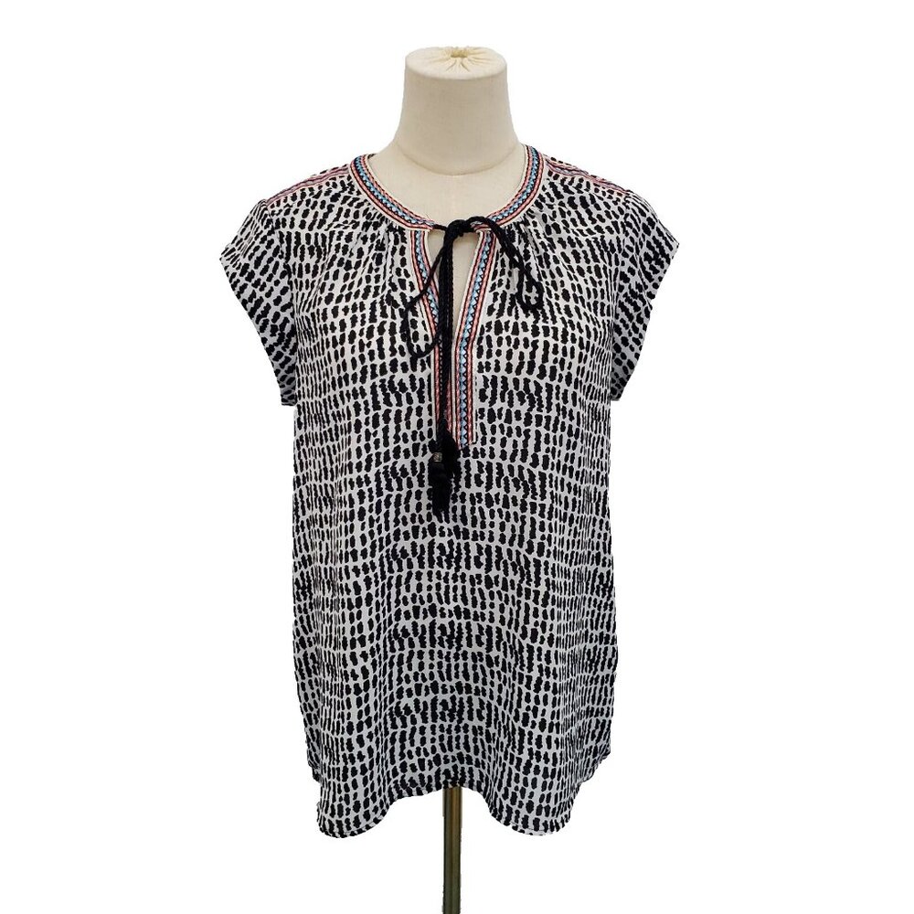 Daniel Rainn Keyhole Neckβ Blouse Womens Size S Cap Sleeve Black White Tasseled